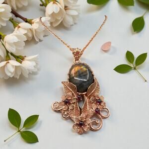 Natural Rhodolite Garnet Labradorite Pendant Necklace Solid Copper 20in Chain